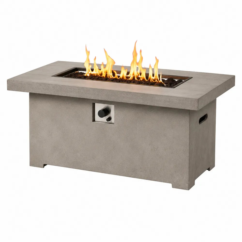 Table brasero d’extérieur au gaz en béton fibré gris avec brûleur en acier inoxydable rectangulaire