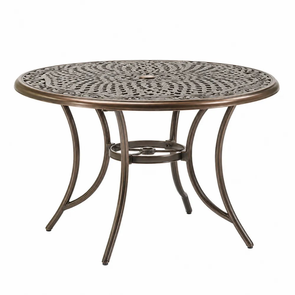 Table d'extérieur ronde en aluminium moulé bronze avec trou de parasol 106 cm x 106 cm x 74 cm