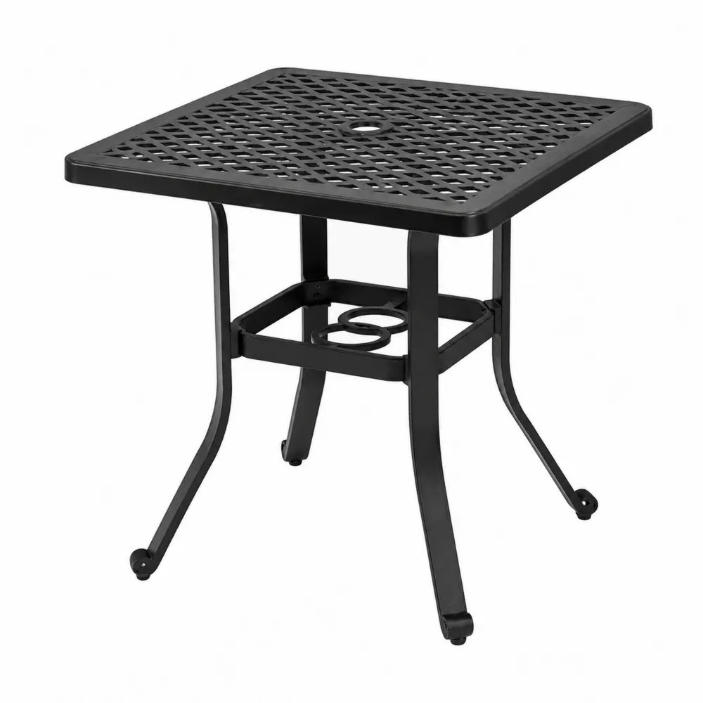 Table d extérieur carrée en aluminium moulé noir plateau ajouré avec trou pour parasol 90 x 90 x 72 cm