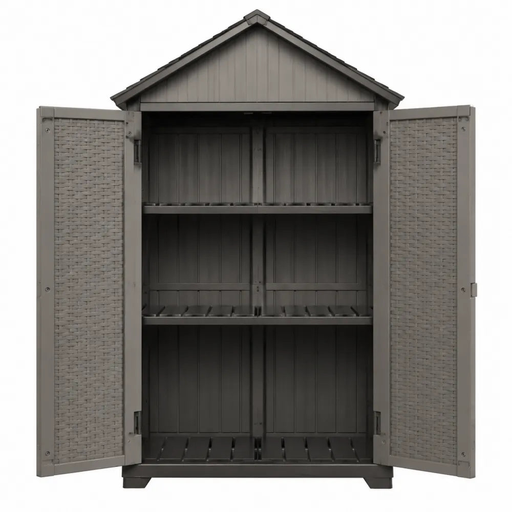 Armoire de rangement extérieur en polypropylène effet bois gris taupe et gris anthracite double porte avec étagères 98 x 68 x 173 cm