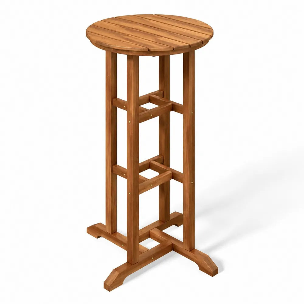 Table haute d'extérieur ronde en bois d'acacia massif marron plateau à lattes 60 cm x 60 cm x 105 cm