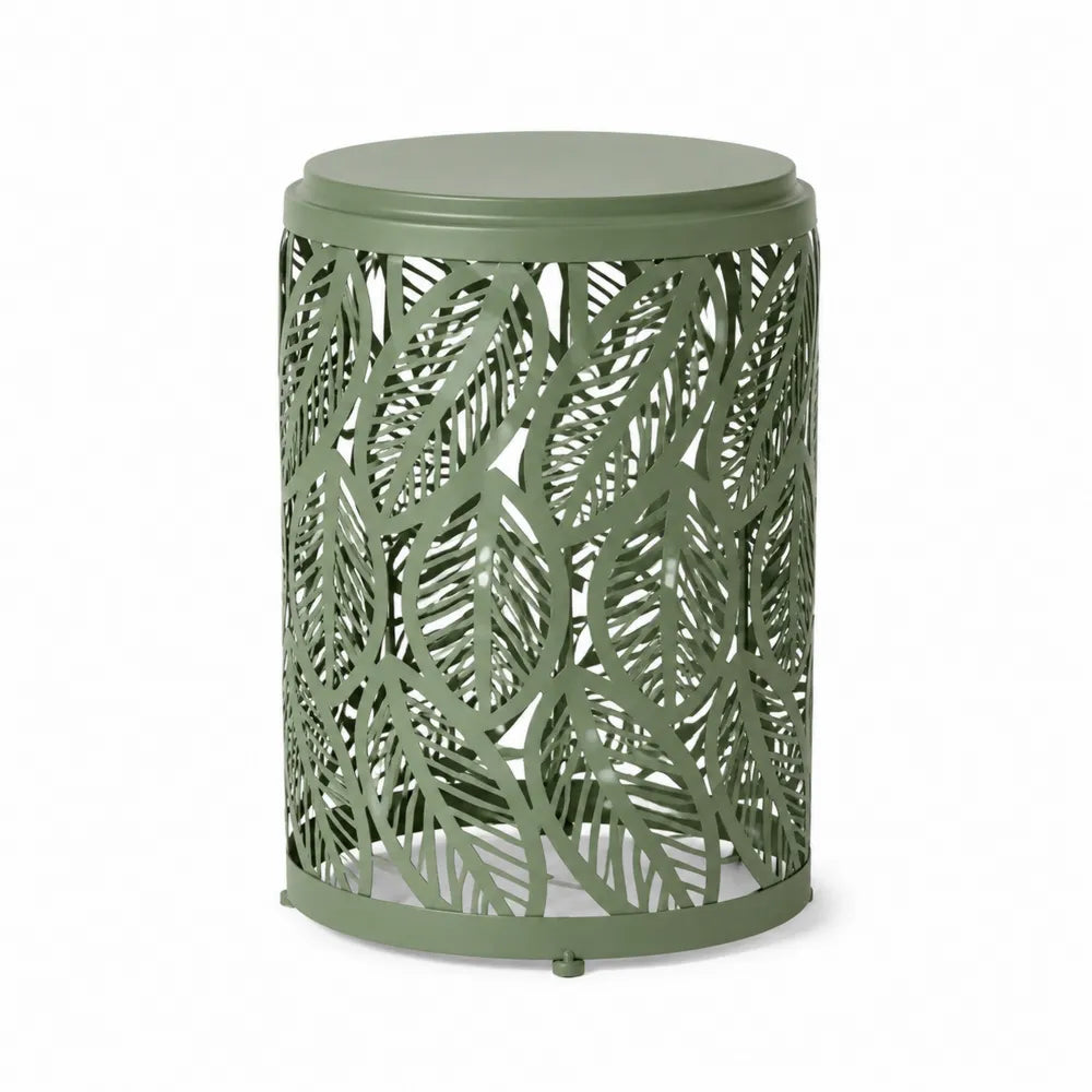 Table d’appoint d’extérieur ronde en acier vert sauge motif feuilles ajouré Ø40 x 50 cm