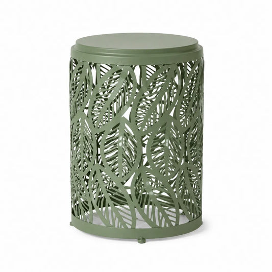 Table d’appoint d’extérieur ronde en acier vert sauge motif feuilles ajouré Ø40 x 50 cm