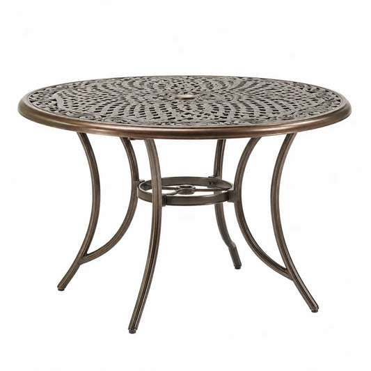 Table d'extérieur ronde en aluminium moulé bronze avec trou de parasol 106 cm x 106 cm x 74 cm