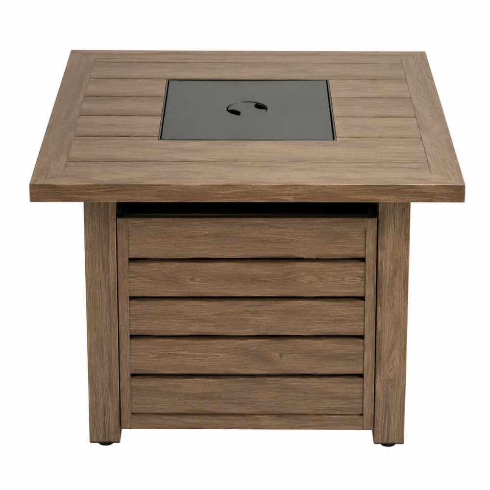 Table brasero d’extérieur au gaz propane aluminium peint par poudre aspect teck carrée marron noir 88 x 88 x 63 cm
