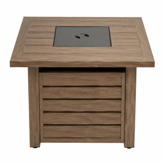 Table brasero d’extérieur au gaz propane aluminium peint par poudre aspect teck carrée marron noir 88 x 88 x 63 cm