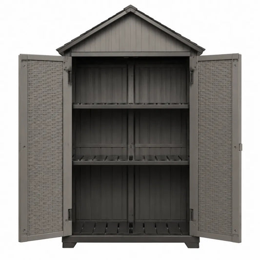 Armoire de rangement extérieur en polypropylène effet bois gris taupe et gris anthracite double porte avec étagères 98 x 68 x 173 cm