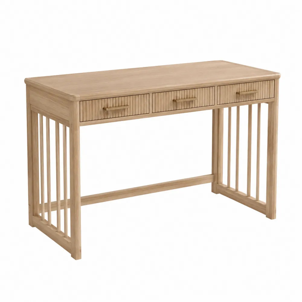 Bureau rectangulaire 120 cm x 55 cm x 78 cm en bois de chêne massif naturel avec 3 tiroirs façade rainurée