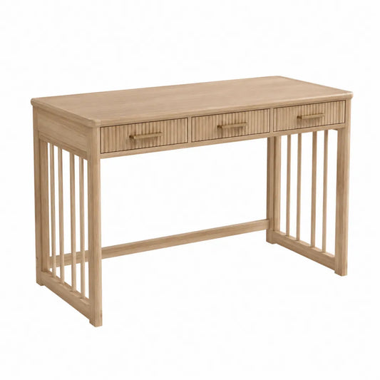 Bureau rectangulaire 120 cm x 55 cm x 78 cm en bois de chêne massif naturel avec 3 tiroirs façade rainurée