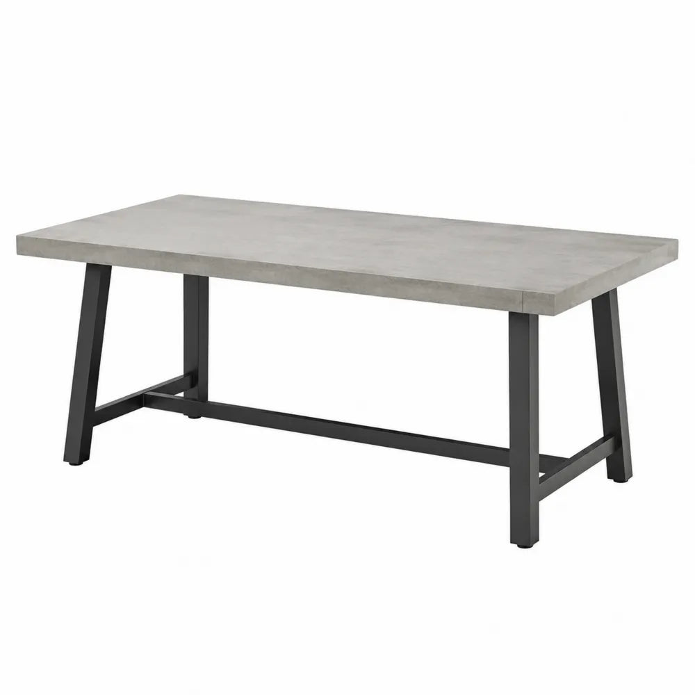 Table d'extérieur rectangulaire en béton composite gris ciment avec pieds en acier noir 160 cm x 90 cm x 75 cm