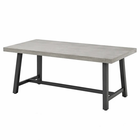 Table d'extérieur rectangulaire en béton composite gris ciment avec pieds en acier noir 160 cm x 90 cm x 75 cm