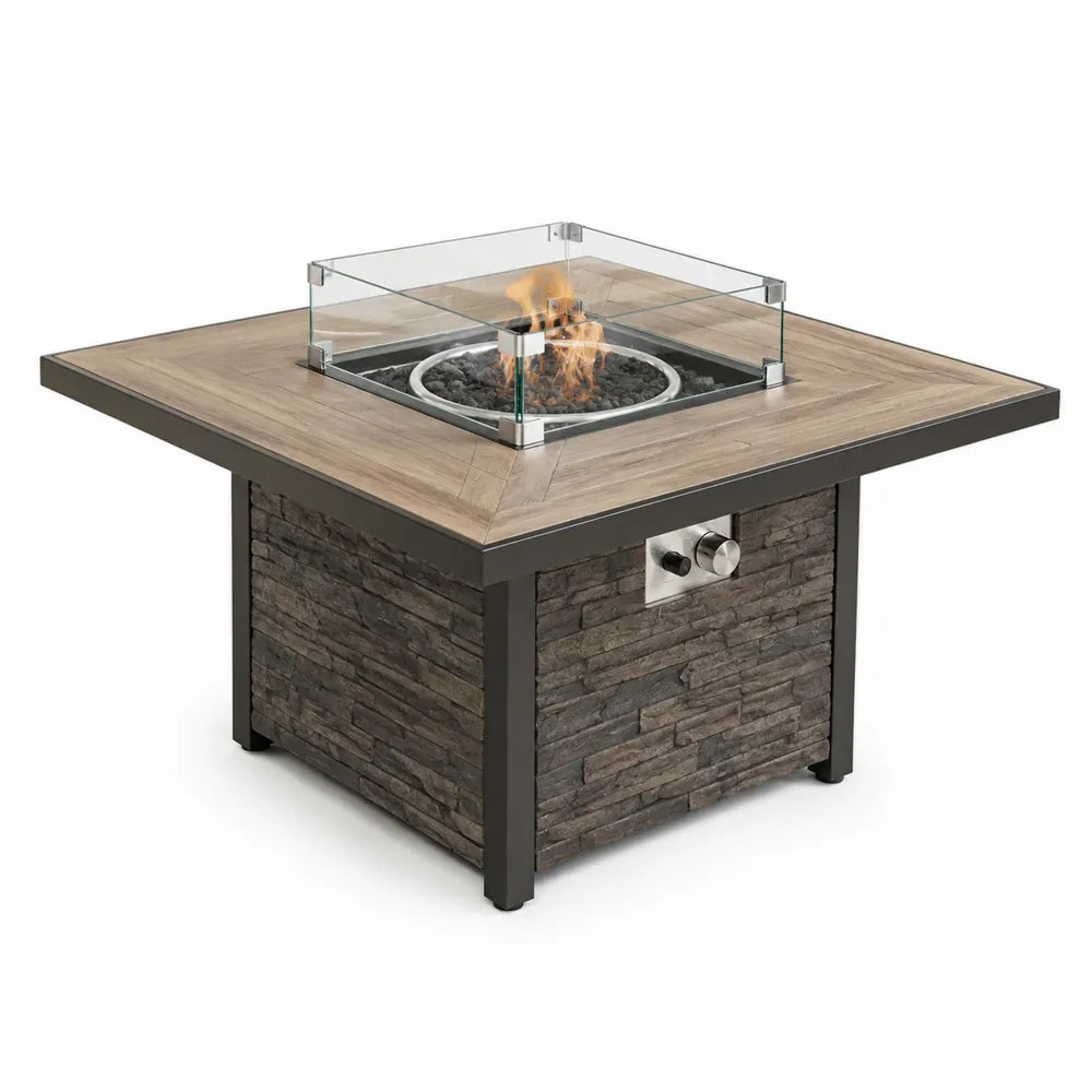 Table brasero d'extérieur carrée 107 cm x 107 cm x 64 cm au gaz propane plateau céramique effet bois base composite effet pierre verre trempé