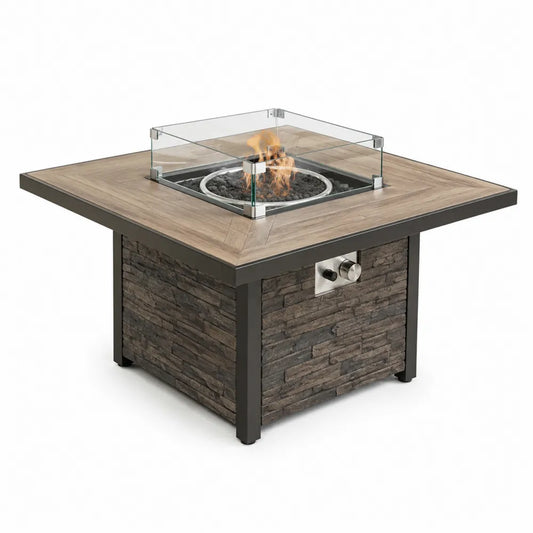 Table brasero d'extérieur carrée 107 cm x 107 cm x 64 cm au gaz propane plateau céramique effet bois base composite effet pierre verre trempé