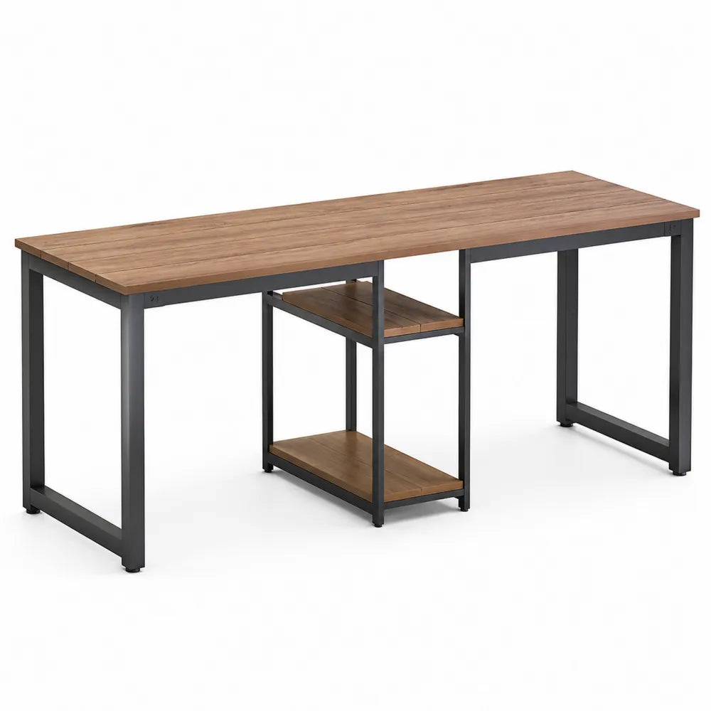 Bureau rectangulaire avec étagère centrale plateau effet bois chêne et structure en acier noir 180 cm x 60 cm x 75 cm