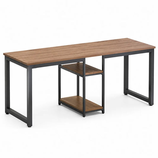 Bureau rectangulaire avec étagère centrale plateau effet bois chêne et structure en acier noir 180 cm x 60 cm x 75 cm