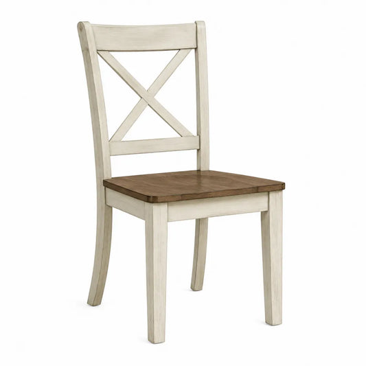 Chaise de salle à manger 45 cm x 52 cm x 96 cm hévéa massif dossier croisé assise carrée blanc cassé brun naturel
