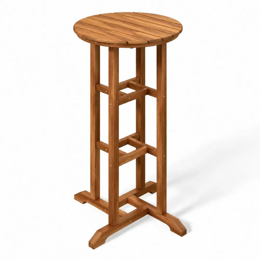Table haute d'extérieur ronde en bois d'acacia massif marron plateau à lattes 60 cm x 60 cm x 105 cm