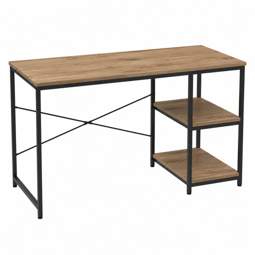 Bureau rectangulaire avec étagères latérales en bois décor chêne et acier noir 120 x 55 x 75 cm