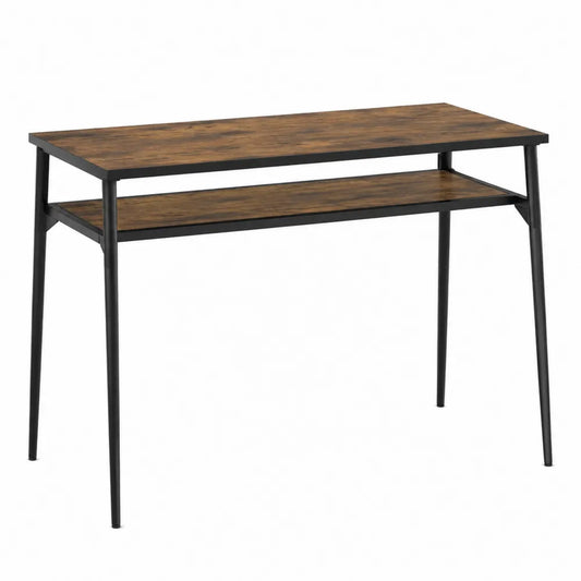Bureau rectangulaire avec étagère centrale en bois décor noyer et structure en acier noir 120 cm x 55 cm x 75 cm