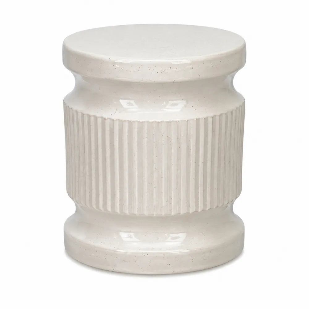 Table d’appoint d’extérieur en céramique émaillée cylindre rainuré blanc cassé 36 x 36 x 45 cm