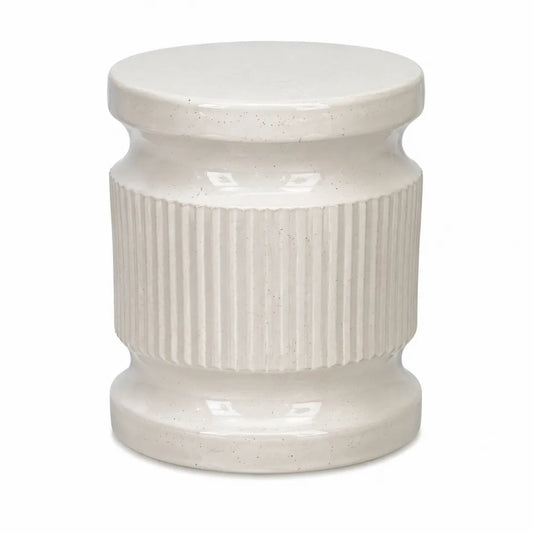 Table d’appoint d’extérieur en céramique émaillée cylindre rainuré blanc cassé 36 x 36 x 45 cm
