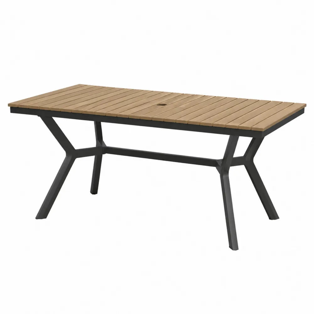 Table de jardin rectangulaire en acacia massif et aluminium thermolaqué noir plateau à lattes avec trou pour parasol 180 cm x 90 cm x 75 cm