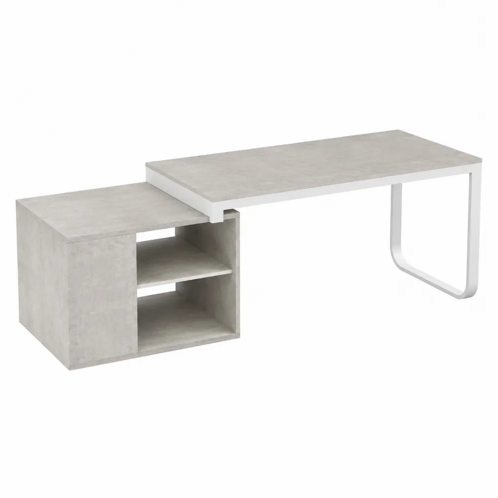 Bureau rectangulaire 150 cm x 60 cm x 75 cm en panneaux de particules mélaminés effet béton clair et acier blanc avec étagère latérale