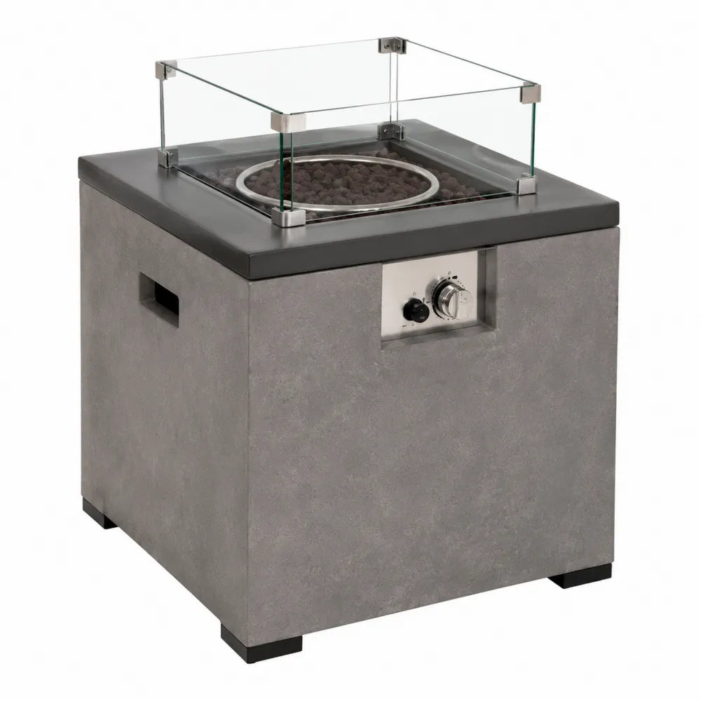 Table brasero d’extérieur à gaz carrée en béton fibré gris et noir avec pare-vent en verre trempé 76 x 76 x 63 cm