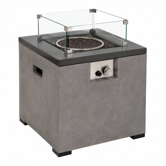 Table brasero d’extérieur à gaz carrée en béton fibré gris et noir avec pare-vent en verre trempé 76 x 76 x 63 cm